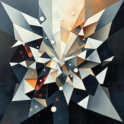 The primary subject of the image is a large, intricate, and colorful artwork featuring a mix of geometric shapes and celestial elements. The setting is a black background, which contrasts with the vibrant colors and patterns of the artwork. The visual style appears to be a combination of digital art and illustration, creating a unique and captivating piece. The dominant colors and overall atmosphere of the artwork are energetic, dynamic, and full of life, reflecting the creativity and imagination of the artist.
